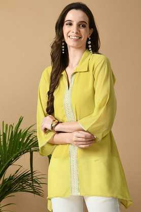 embroidered georgette collared women's top - yellow