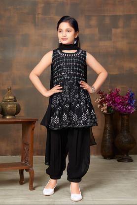 embroidered georgette full length girls kurta set - black