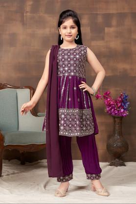 embroidered georgette full length girls kurta set - purple