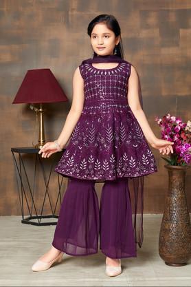 embroidered georgette full length girls kurta set - purple