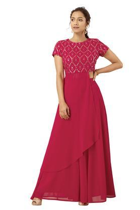 embroidered georgette regular fit womens top - pink