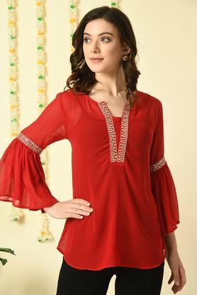 embroidered georgette round neck women's top - red