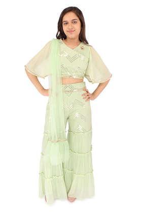 embroidered georgette v neck giri's casual wear clothing set - green