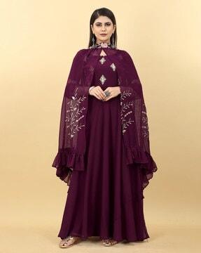 embroidered gown dress with bell sleeves