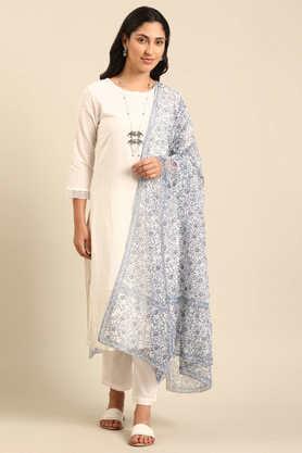 embroidered knee length cotton woven women's kurta set - off white