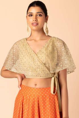 embroidered mesh v neck women's blouse - natural