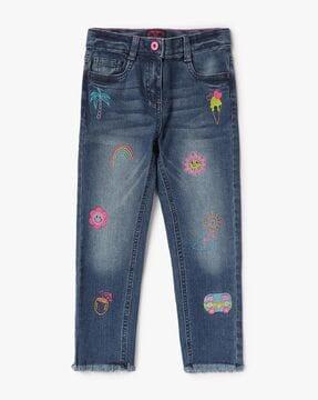 embroidered mid-wash jeans