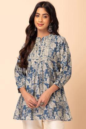 embroidered muslin collared women's tunic - blue