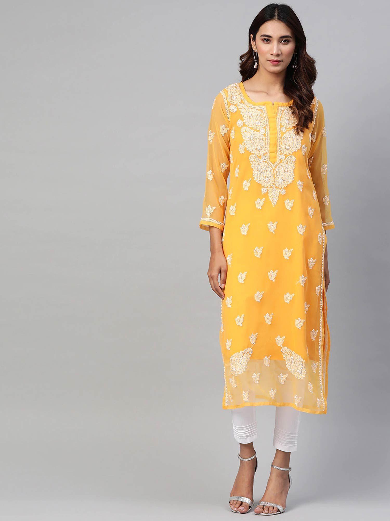 embroidered mustard georgette lucknow chikan kurta & pant with slip (set of 3) (xs) (a811164)