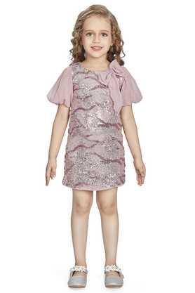 embroidered net round neck girl's dress - pink