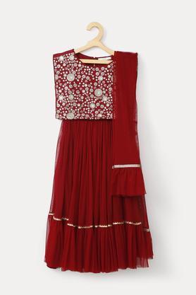 embroidered net round neck girls ghagra choli set - maroon