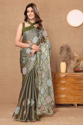 embroidered organza party wear women's saree - lime green