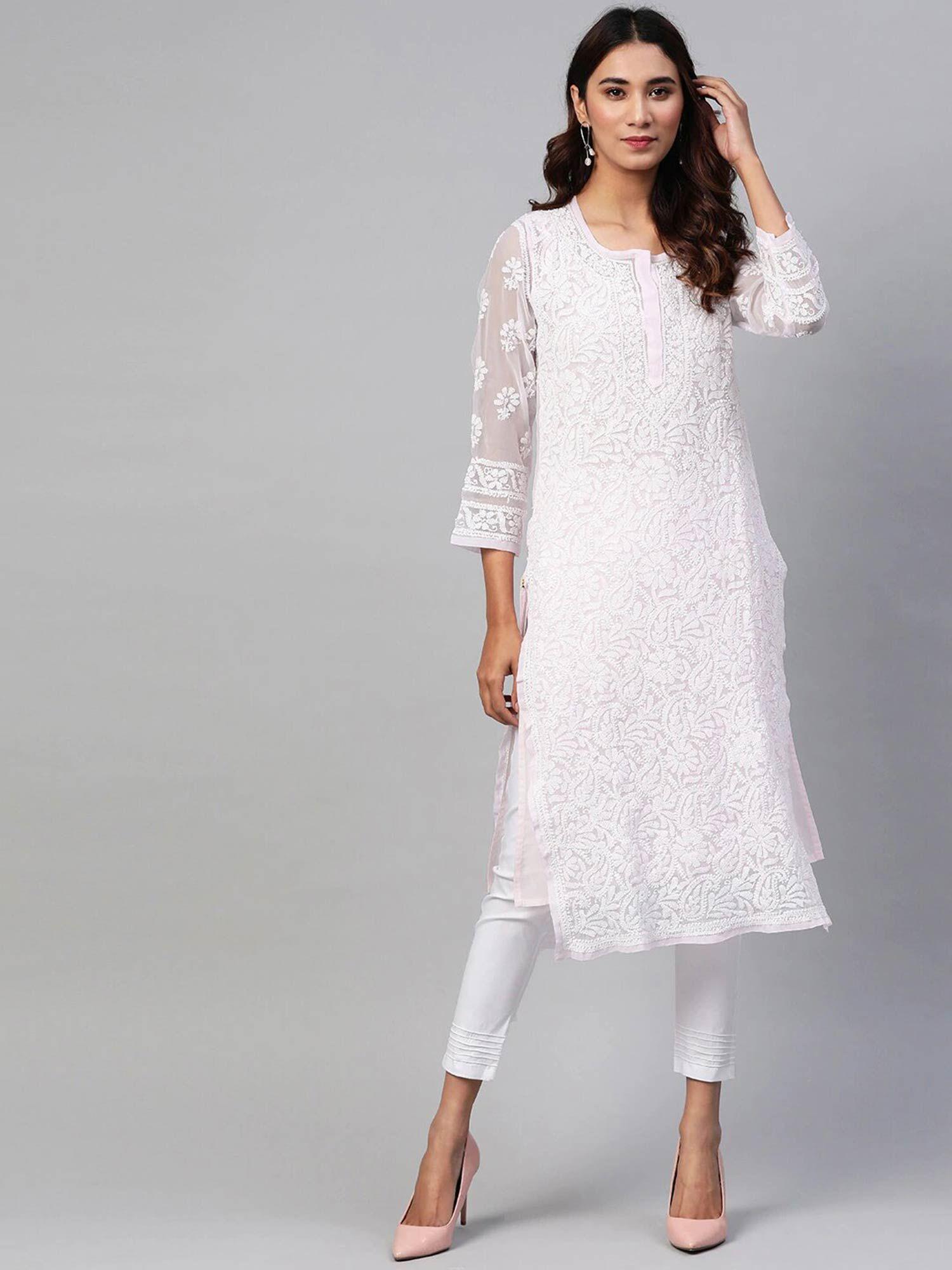 embroidered pink georgette lucknow chikan kurta & pant with slip (set of 3) (xs) (a811158)