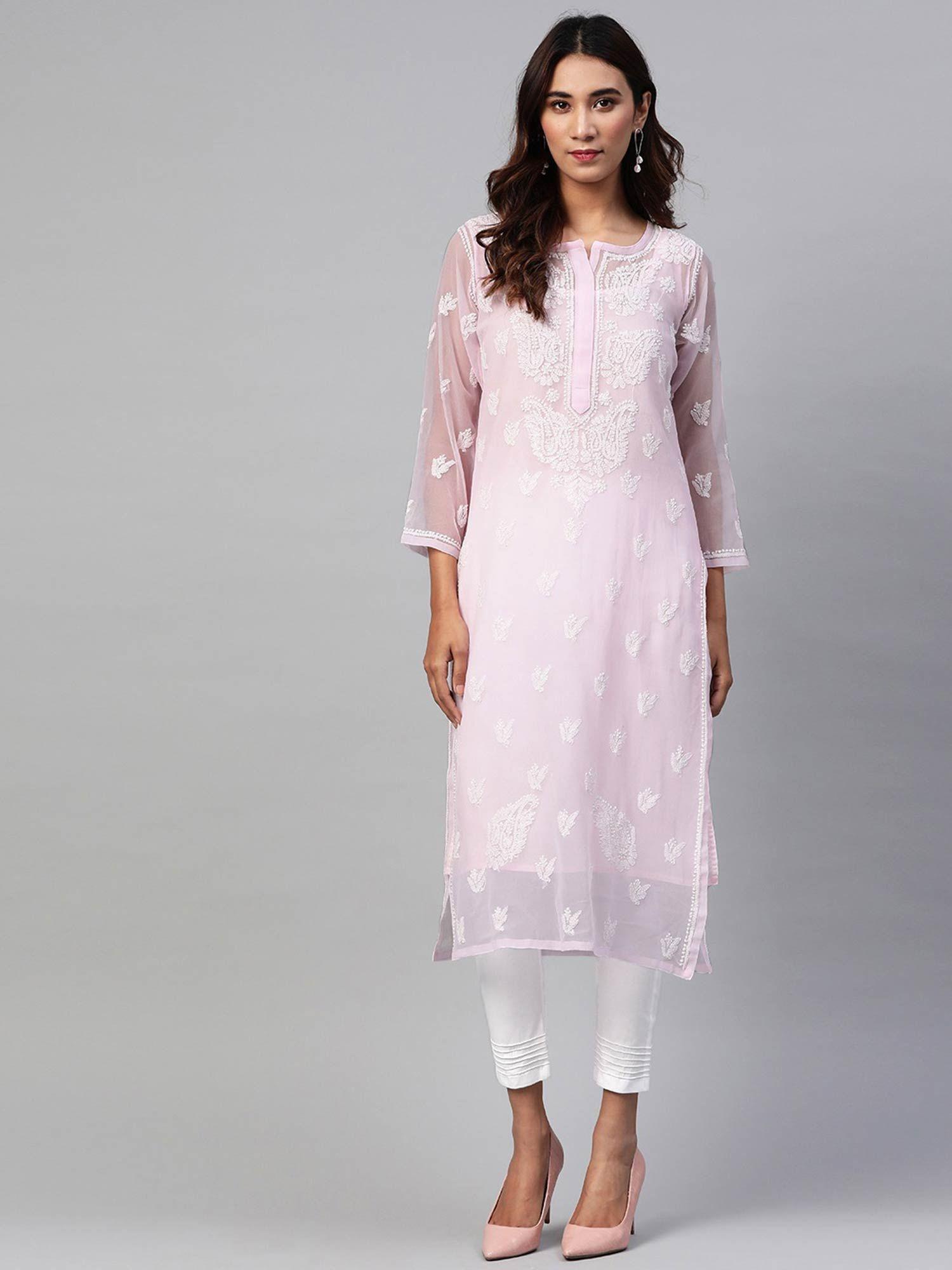 embroidered pink georgette lucknow chikan kurta & pant with slip (set of 3) (xs) (a811162)