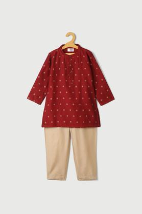 embroidered poly blend mandarin girls kurta pyjama jacket set - maroon