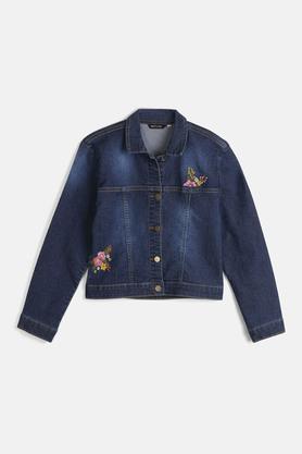 embroidered poly cotton regular fit girls jacket - indigo