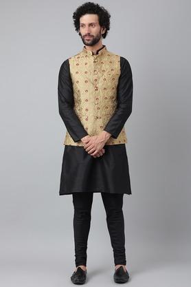 embroidered polyester blend regular fit mens kurta - black