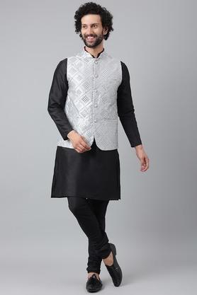 embroidered polyester blend regular fit mens kurta - black