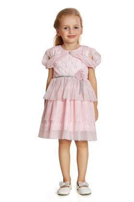 embroidered polyester cotton round neck girls dress - pink