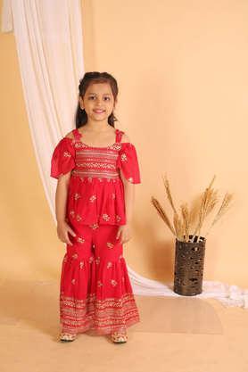 embroidered polyester full length girls top & sharara set - red