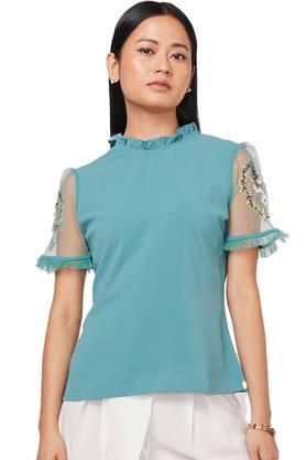 embroidered polyester mandarin womens top - teal_green