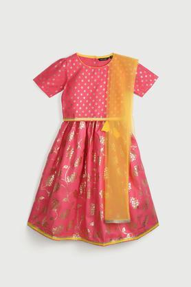 embroidered polyester regular fit girls ethnic set - coral