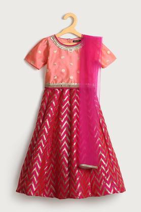 embroidered polyester regular fit girls ethnic set - peach