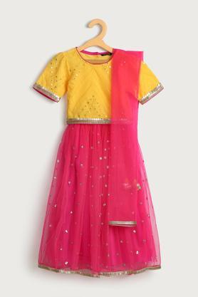 embroidered polyester regular fit girls ethnic set - pink