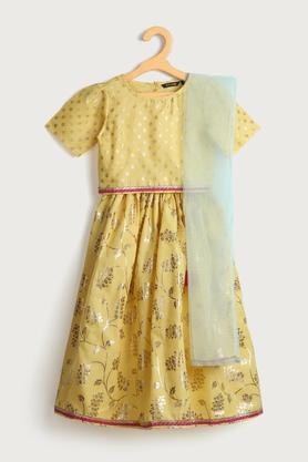 embroidered polyester regular fit girls ethnic set - yellow