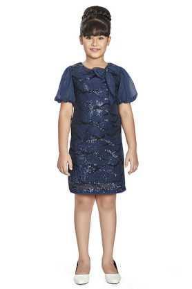 embroidered polyester round neck girl's dress - navy