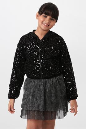 embroidered polyester round neck girls jacket - black