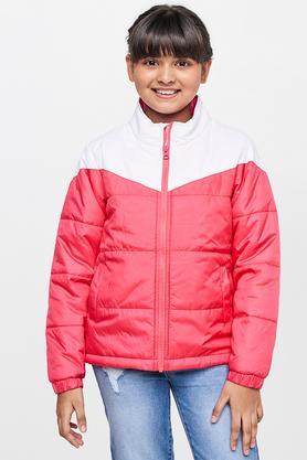 embroidered polyester round neck girls jacket - red