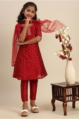 embroidered-polyester-round-neck-girls-kurta-set---red