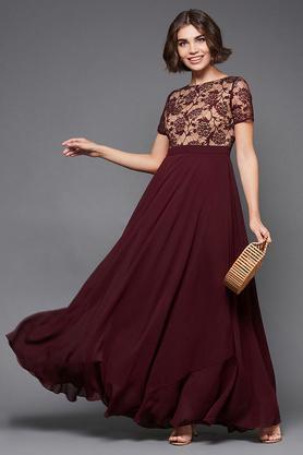embroidered polyester round neck women's maxi dress - wine