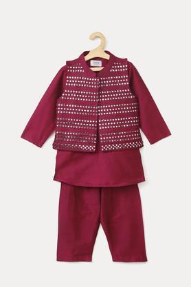 embroidered pst mandarin infants boys kurta pyjama jacket set - deep pink