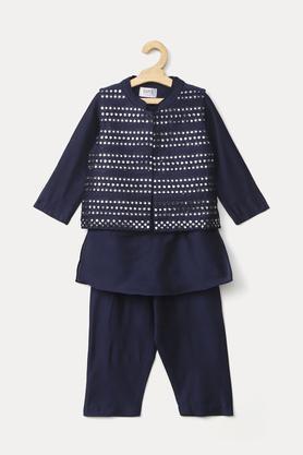 embroidered pst mandarin infants boys kurta pyjama jacket set - navy