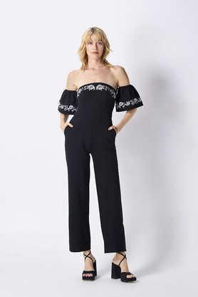 embroidered rayon regular fit women's jumpsuit - black