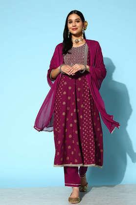 embroidered rayon round neck women's kurta pant dupatta set - purple