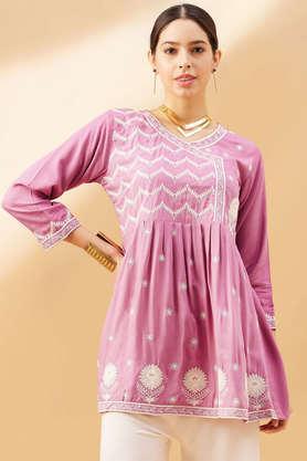 embroidered rayon round neck women's top - onion_pink