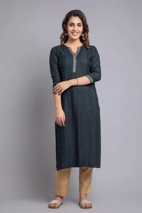 embroidered rayon v-neck women's casual wear kurti - black