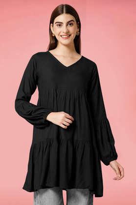 embroidered rayon v-neck women's top - black
