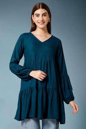 embroidered rayon v-neck women's top - blue