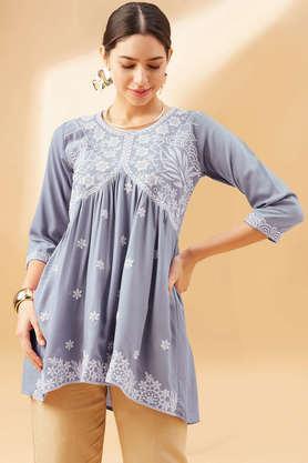 embroidered rayon v-neck women's top - grey