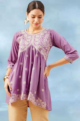 embroidered rayon v-neck women's top - lavender