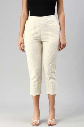 embroidered regular fit cotton women's casual wear trouser - natural