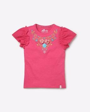 embroidered round neck top with embellishments