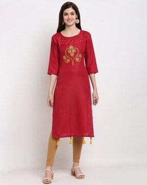 embroidered round-neck straight kurta