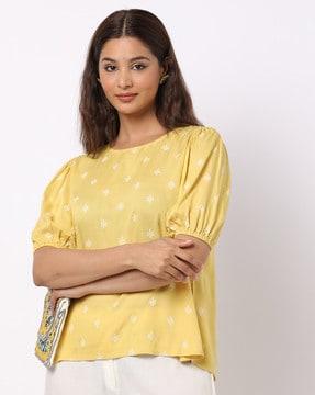 embroidered round-neck top with puff sleeves
