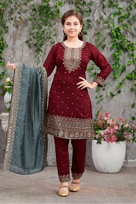 embroidered silk full length girls kurta set - maroon