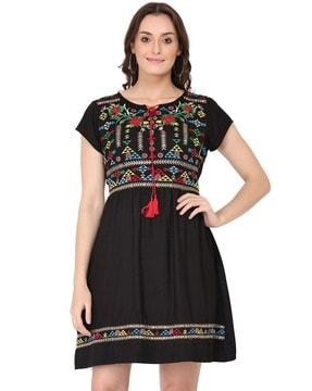 embroidered skater dress with neck tie-up
